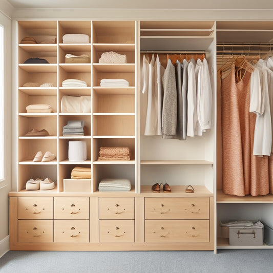 A serene, minimalist closet interior with a mix of open shelves, drawers, and rods, showcasing a curated selection of neatly organized clothes, shoes, and accessories in a calming, neutral color palette.