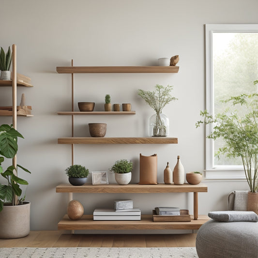 A serene, minimalist living room with a few, carefully-placed DIY floating shelves in a natural wood tone, holding a few, thoughtfully-arranged decorative objects and potted plants.