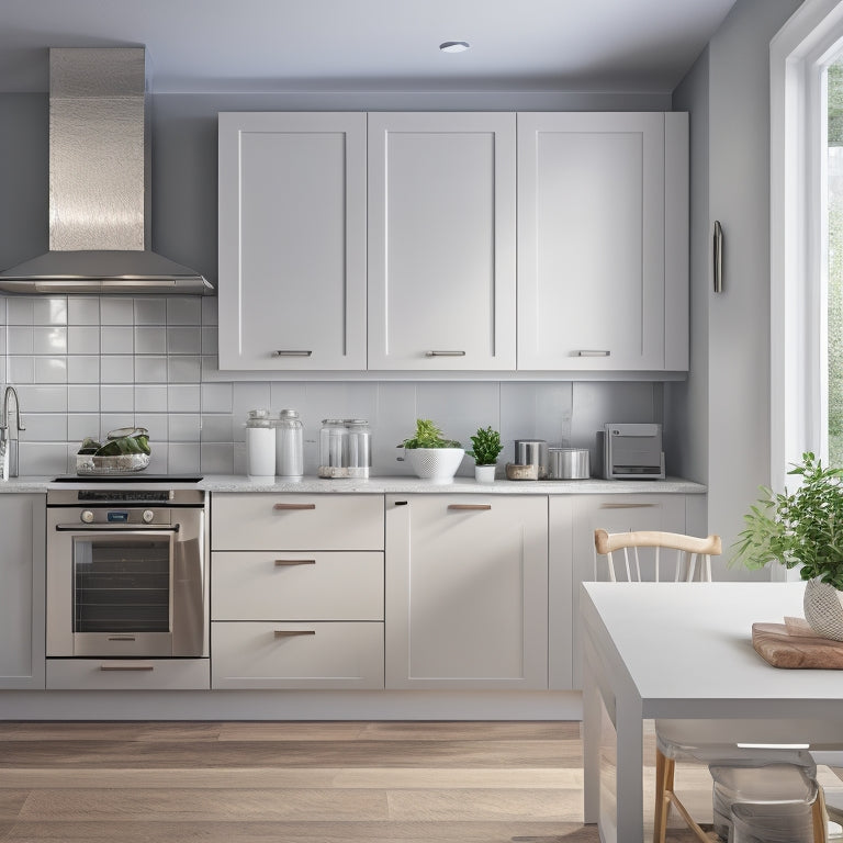 A modern kitchen with sleek, white L-shaped cabinets, one wall-mounted with a built-in wine rack, and the other featuring a pull-out trash can and spice rack, set against a light gray backsplash.