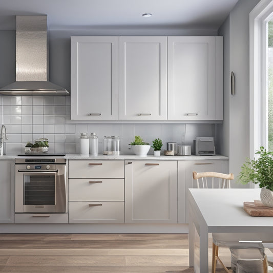 A modern kitchen with sleek, white L-shaped cabinets, one wall-mounted with a built-in wine rack, and the other featuring a pull-out trash can and spice rack, set against a light gray backsplash.