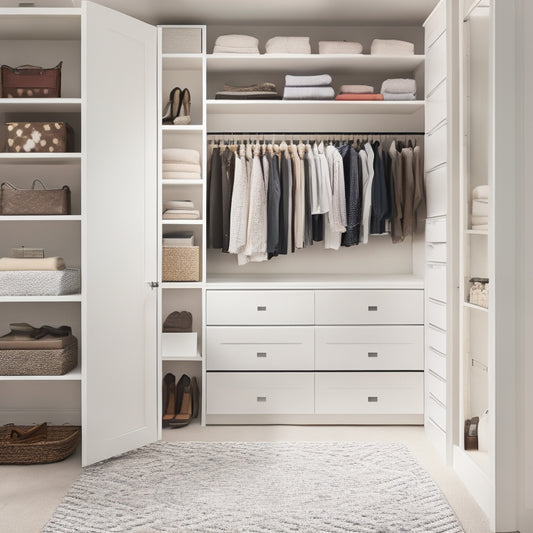 A minimalist closet with custom shelving featuring soft-close drawers, adjustable shelves, and a built-in shoe rack, surrounded by calming white walls and a plush area rug.