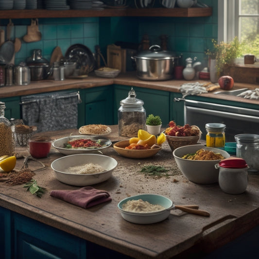 A cluttered kitchen counter with scattered utensils, crumbs, and spills, amidst a backdrop of worn-out countertops, dim lighting, and a faint smell of stagnation, conveying a sense of overwhelm and chaos.