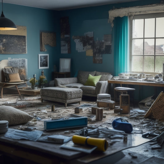 A cluttered living room with torn wallpaper, scattered tools, and a half-demolished wall, contrasted with a sleek tablet displaying a 3D renovation design with organized task lists and timelines.