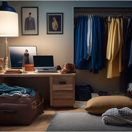 A cluttered closet with clothes scattered on the floor, next to a laptop with a minimalist closet design on the screen, surrounded by design tools and a measuring tape.