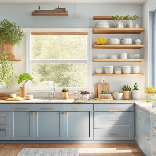 A bright, modern kitchen with sleek cabinets, showcasing optimized storage: tiered shelves, pull-out drawers, utensil organizers, and a pegboard with hanging pots and pans, surrounded by warm, natural light.