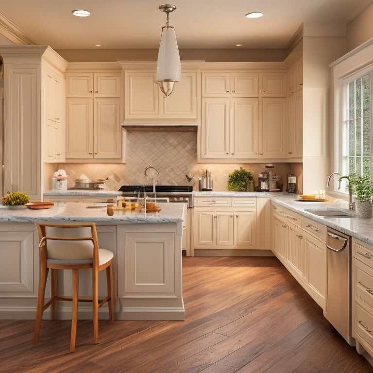 A luxurious kitchen with cream-colored cabinets featuring soft-close drawers in various sizes, adorned with polished nickel hardware, set against a warm beige backsplash and dark hardwood flooring.