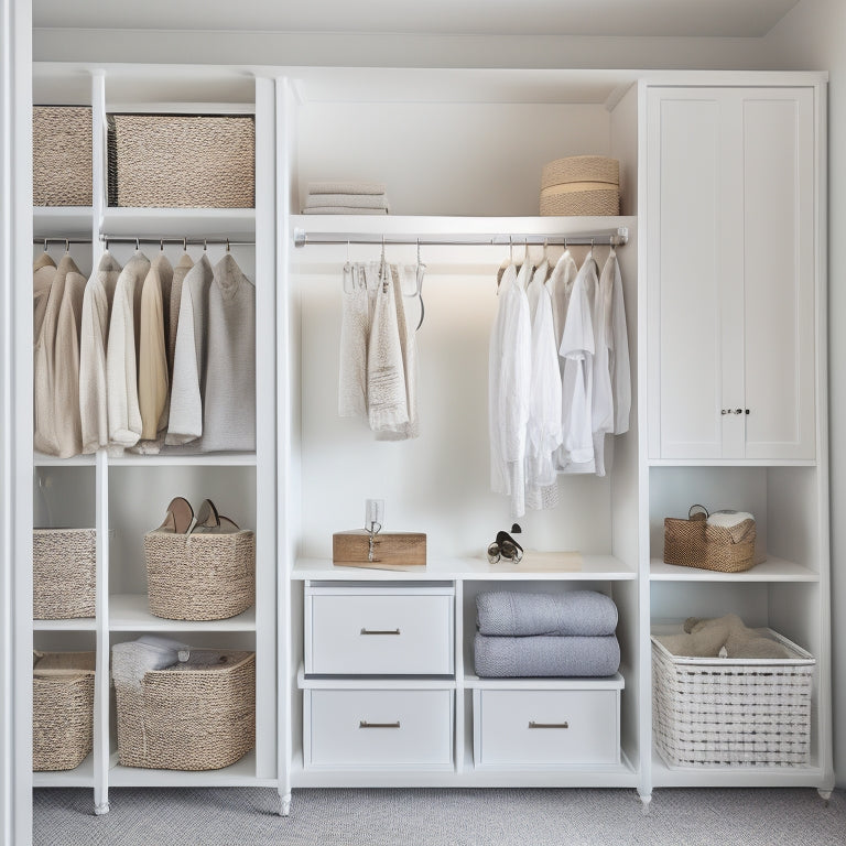 A serene, minimalist closet interior with sleek, white shelves, drawers, and rods, accompanied by woven baskets, and a few neatly hung garments, illuminated by soft, natural light.