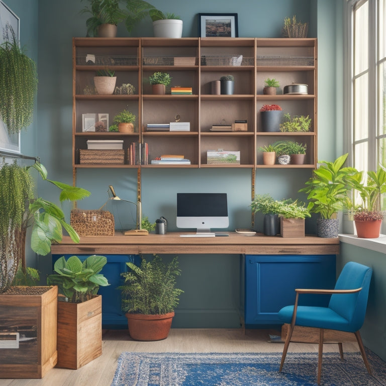 A neatly organized small office with a wall-mounted shelving unit, a compact file cabinet, and a space-saving desk with built-in storage, surrounded by a few well-placed plants.