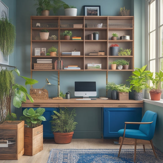 A neatly organized small office with a wall-mounted shelving unit, a compact file cabinet, and a space-saving desk with built-in storage, surrounded by a few well-placed plants.