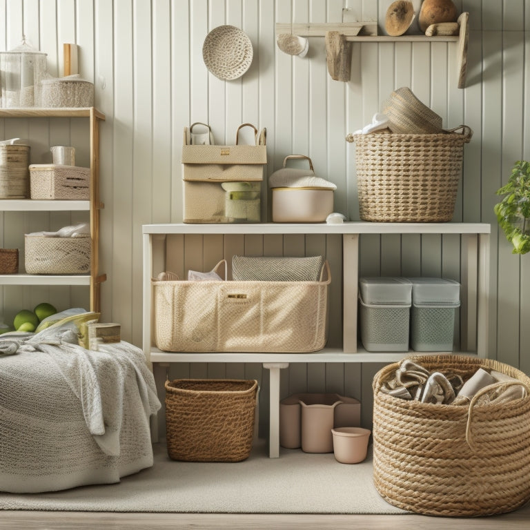 A cluttered room with scattered items, contrasted with a tidy area featuring stackable plastic bins, woven baskets, and a repurposed wooden crate, all in a calming color palette of whites, woods, and pastels.