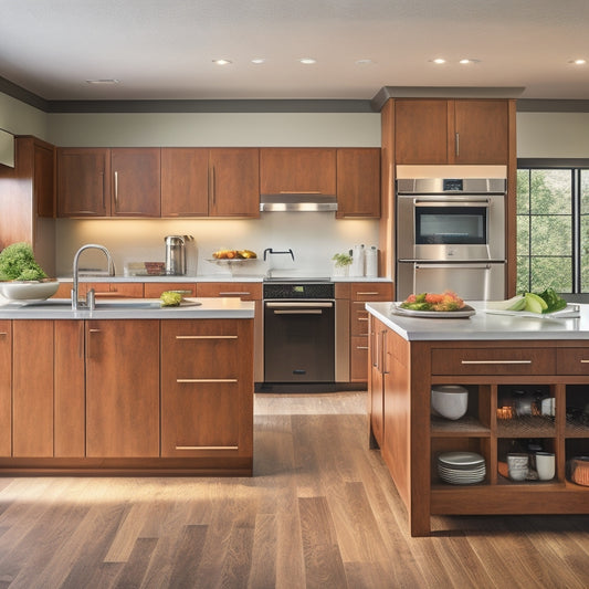 A modern kitchen with a large, rectangular island featuring a rich wood finish, four drawers, two cabinets, and a built-in cooktop, surrounded by sleek countertops and stainless steel appliances.