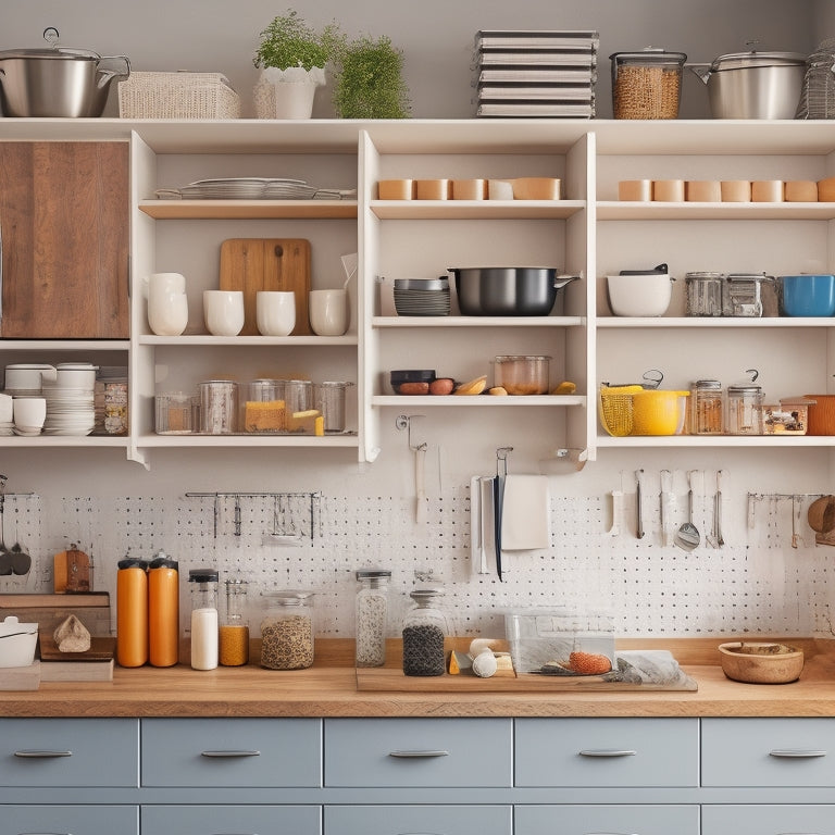 A tidy, modern kitchen cabinet with soft-close drawers, adjustable shelves, and a pegboard back panel, showcasing a variety of organized cookware, utensils, and spices in a warm, natural light setting.