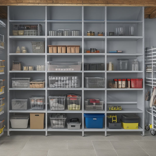 A well-organized garage with a custom shelving unit featuring three tiers of sturdy metal shelves, each laden with labeled storage bins, tools, and equipment, against a light-gray concrete wall.