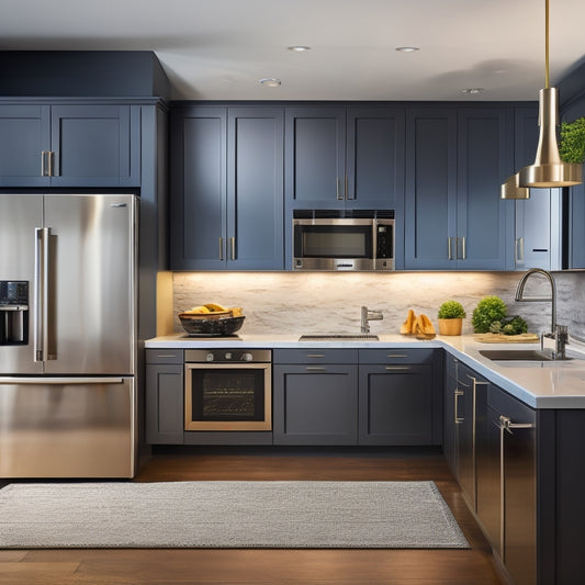 A sleek, modern kitchen featuring custom cabinetry with built-in appliances, including a stainless steel refrigerator, range oven, and microwave, all seamlessly integrated into the design.