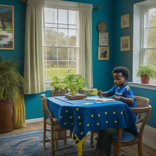 A serene, natural-lit study area with a Maryland state flag on the wall, a desk with organized homeschooling materials, and a happy child sitting comfortably, surrounded by lush greenery.