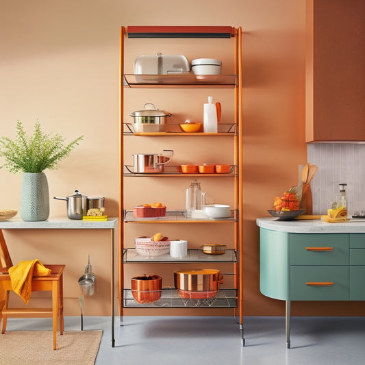 A clutter-free small kitchen with a sleek, wall-mounted foldable cart, a retractable utensil holder, and a compact, three-tiered spice rack, all in a clean, modern aesthetic.