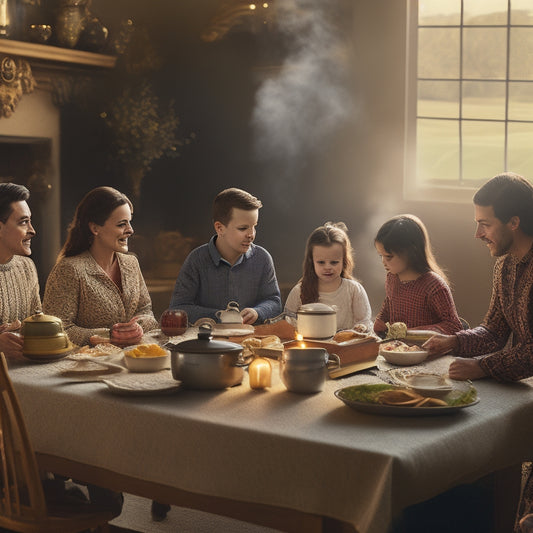 A warm and inviting illustration of a family gathered around a wooden table, surrounded by open Bibles, steaming dishes, and utensils, with a warm golden light and subtle kitchen background.
