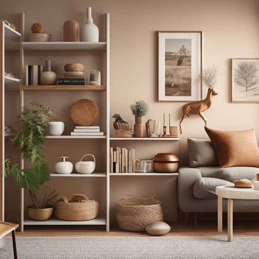 A serene, minimalist illustration of a tidy home interior, featuring a warm-toned living room with organized shelves, a clutter-free coffee table, and a few carefully placed decorative objects.