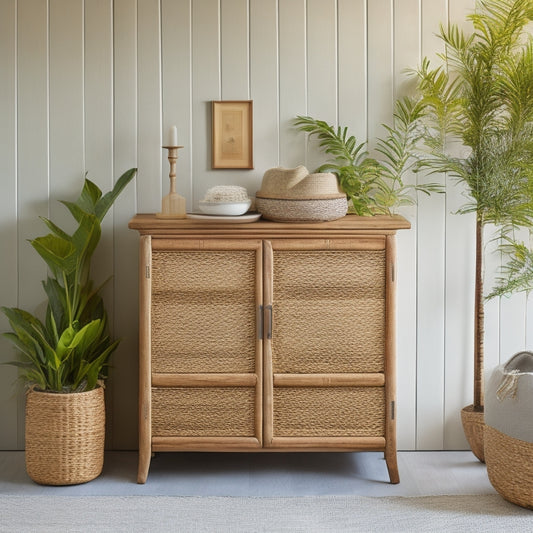 A serene, coastal-themed wood storage cabinet with rounded edges, woven rattan doors, and a distressed finish, situated against a light-gray, textured wall, surrounded by lush greenery and soft, golden lighting.