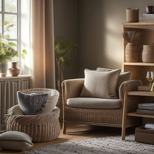 A serene, well-lit living room with a few carefully placed, minimalist decorative items, a tidy bookshelf, and a small, woven storage basket beside a plush armchair.