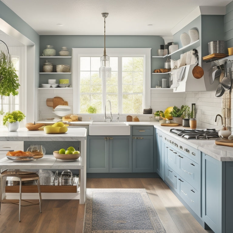 A bright, modern kitchen with a sleek island featuring built-in drawers, shelves, and a cooktop, surrounded by utensils, cookbooks, and ingredients, with a subtle hint of natural light.