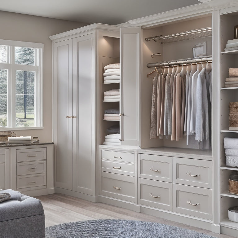 A serene, organized closet interior with custom cabinetry, soft-close drawers, and a neutral color palette, set against a blurred background of a Washington state-inspired landscape.