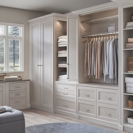 A serene, organized closet interior with custom cabinetry, soft-close drawers, and a neutral color palette, set against a blurred background of a Washington state-inspired landscape.