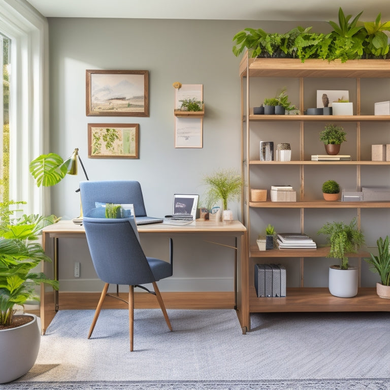 A clutter-free, modern home office with a compact desk, ergonomic chair, and floor-to-ceiling shelves storing binders, laptops, and plants, set against a calming, light-gray background.