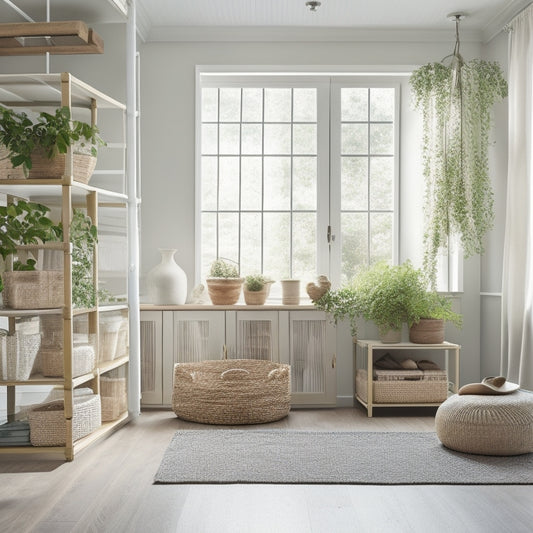 A serene, well-lit living room with sleek IKEA shelving units, baskets, and bins, organized with minimal clutter, featuring a calm color palette and natural textiles, surrounded by lush greenery.