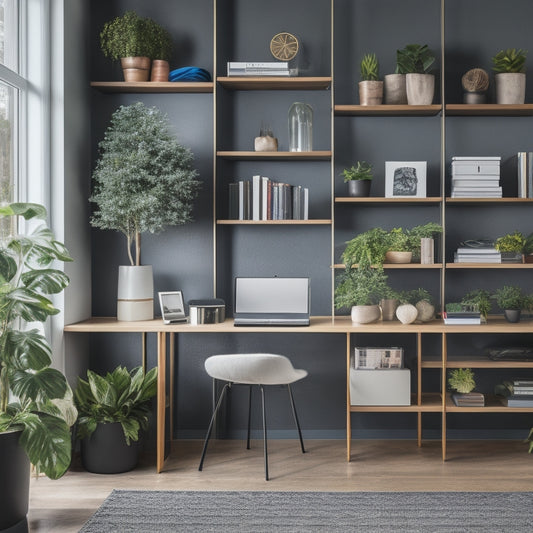 A tidy, modern home office with a minimalist desk, surrounded by sleek, labeled storage bins, and a floor-to-ceiling bookshelf with color-coded book arrangements and decorative plants.