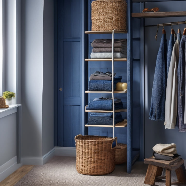 A minimalist, clutter-free closet with a few worn denim jeans hanging from a repurposed ladder shelf, accompanied by a woven basket and a few stacked, labeled storage cubes.
