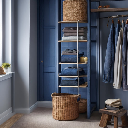 A minimalist, clutter-free closet with a few worn denim jeans hanging from a repurposed ladder shelf, accompanied by a woven basket and a few stacked, labeled storage cubes.