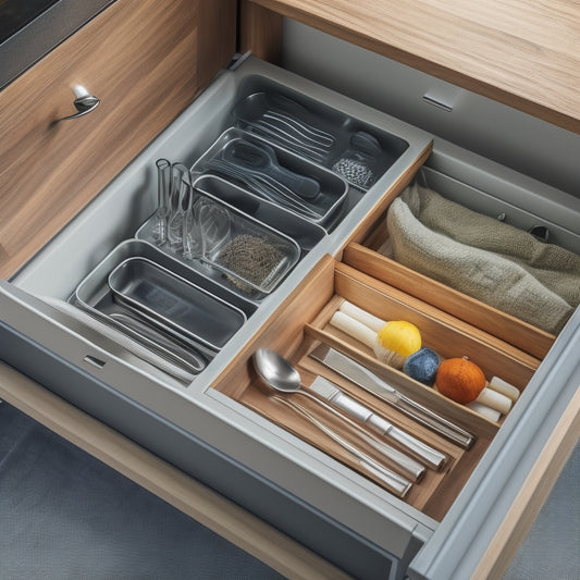 A tidy kitchen drawer with three essential inserts: a utensil organizer with neatly arranged silverware, a spice tray with small glass jars, and a divider for kitchen towels and oven mitts.