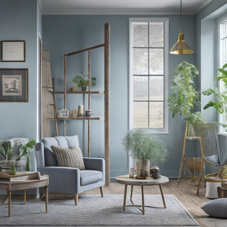 A serene, well-lit living room with a mix of modern and vintage decor, featuring a half-finished renovation project, with tools and materials scattered around, and a ladder leaning against a freshly painted wall.