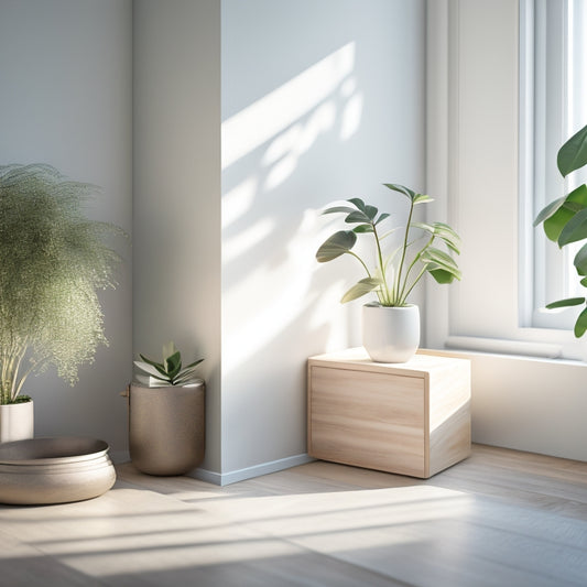 A serene, minimalist room with a few carefully placed, sleek storage bins and a single, potted plant on a polished wood desk, flooded with soft, natural light.