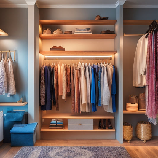A well-lit, modern closet with three shelves of varying heights, wooden brackets, and minimalist decorative trim, surrounded by clothes, shoes, and accessories, with a few tools and DIY materials in the corner.