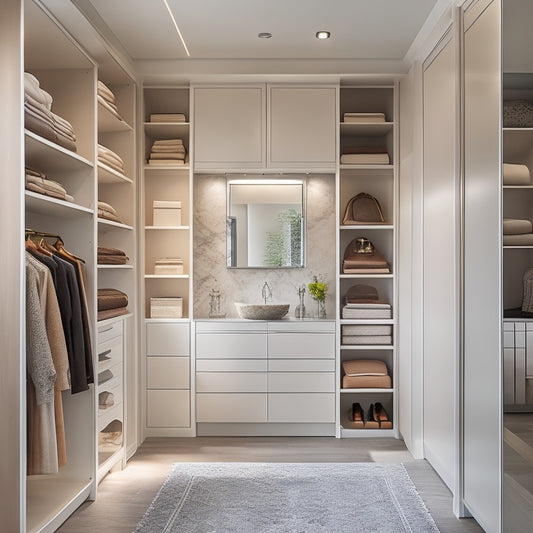 A sleek, modern walk-in closet with floor-to-ceiling shelves, drawers, and a center island, surrounded by natural light, with a neutral color palette and luxurious fabrics.
