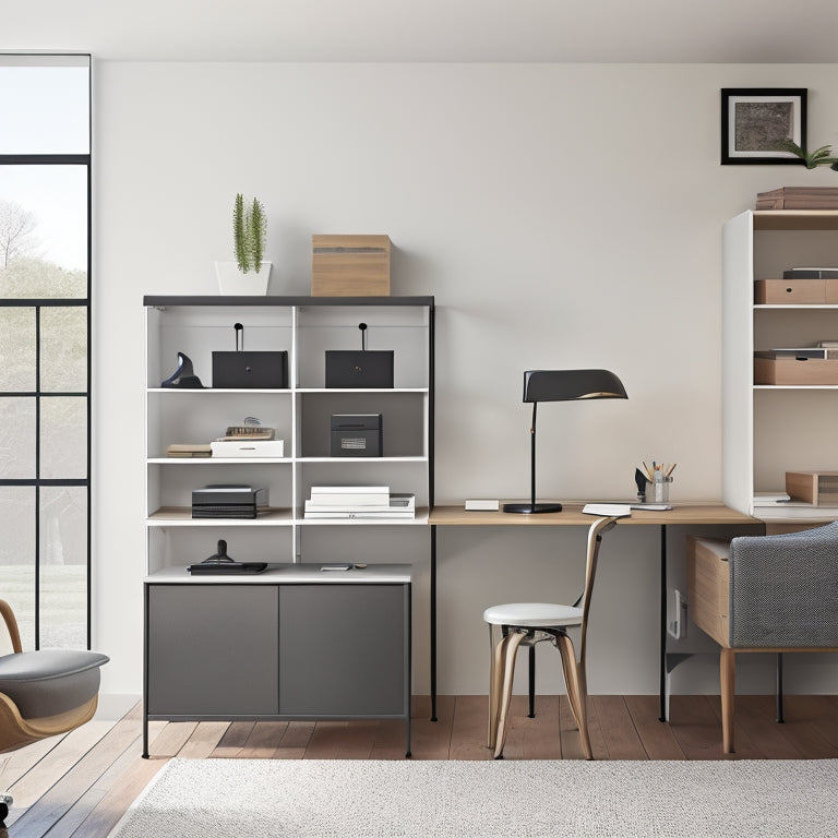 A clutter-free, minimalist office with a sleek, wall-mounted shelving unit, a compact, rolling file cabinet, and a space-saving desk with built-in storage compartments and a small, ergonomic chair.