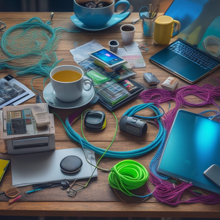 A cluttered desk with a tangled mess of colorful cords, a cracked smartphone, and a laptop with a cracked screen, surrounded by scattered papers and forgotten coffee cups, with a faint grid of 1s and 0s in the background.
