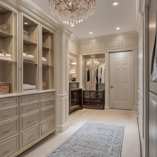 A serene, high-end walk-in closet with cream-colored walls, polished chrome fixtures, and rich, dark wood cabinetry, featuring a stunning chandelier and plush, velvety carpet underfoot.
