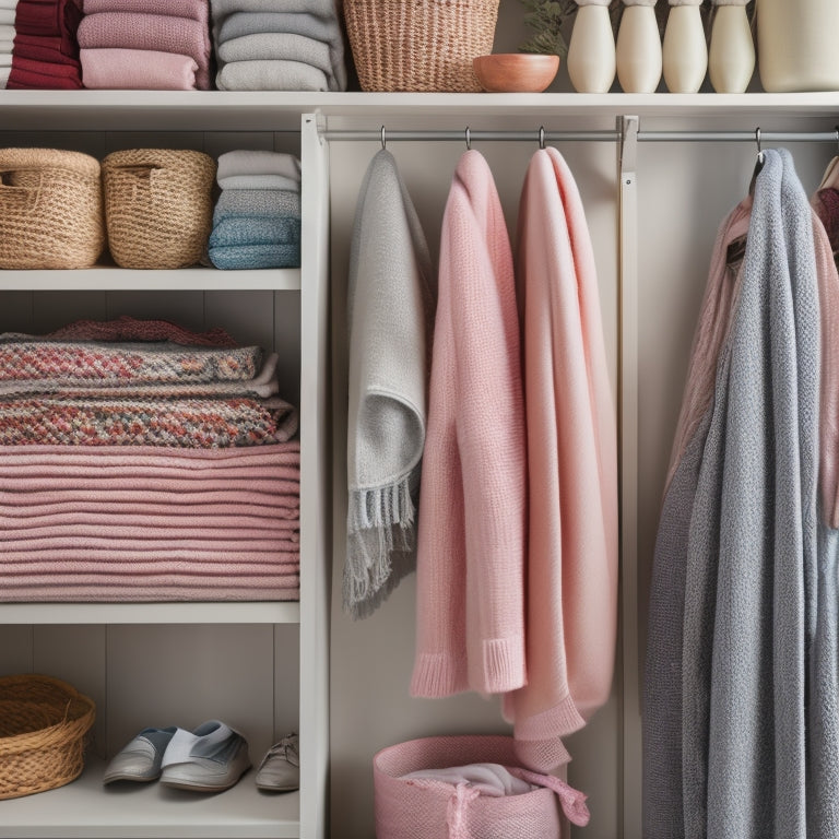 A tidy closet with wooden shelves, containing neatly folded and stacked sweaters in pastel colors, surrounded by woven baskets and a few decorative scarves draped over the shelves.