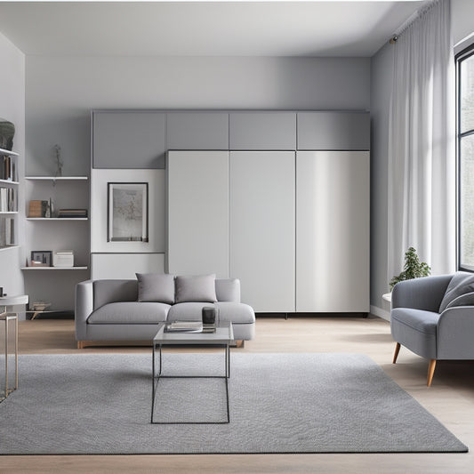 A minimalist, modern living room with a murphy bed, a compact sectional sofa, and a floor-to-ceiling storage unit, set against a calming gray and white color scheme.