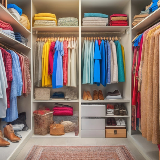 A cluttered, narrow closet with a jumble of clothes, shoes, and accessories spilling out of a single, overflowing shelf and onto the floor, contrasted with a sleek, organized adjacent closet featuring tailored shelves, drawers, and hanging rods.