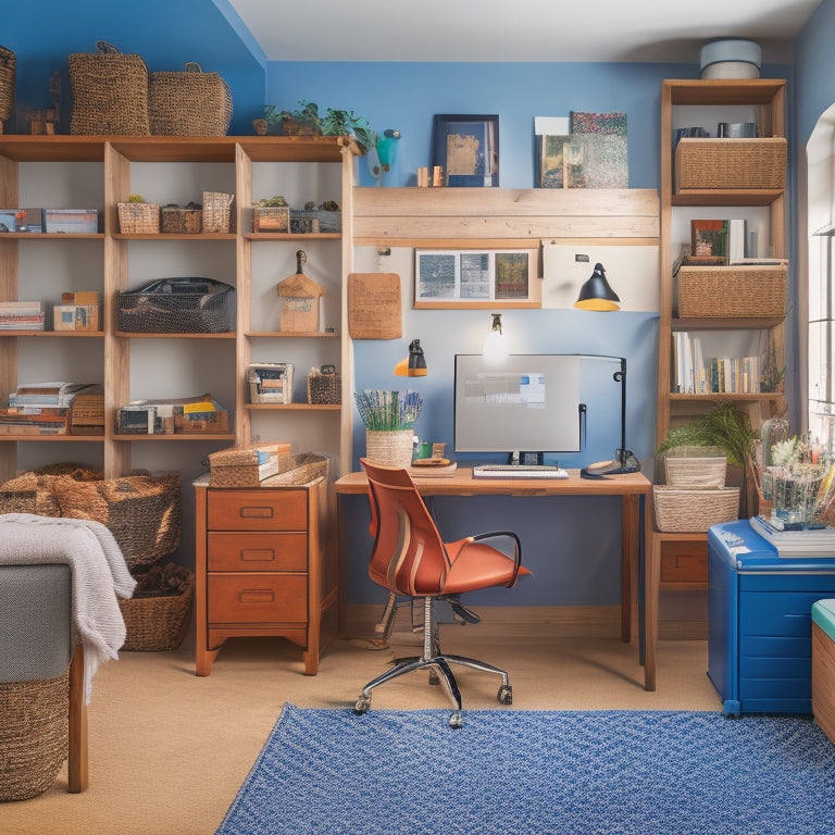 A tidy, well-lit home office with a wooden desk, ergonomic chair, and a collection of colorful, neatly arranged organizational tools, including bins, baskets, and a label maker.