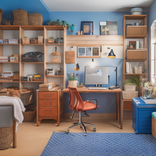 A tidy, well-lit home office with a wooden desk, ergonomic chair, and a collection of colorful, neatly arranged organizational tools, including bins, baskets, and a label maker.