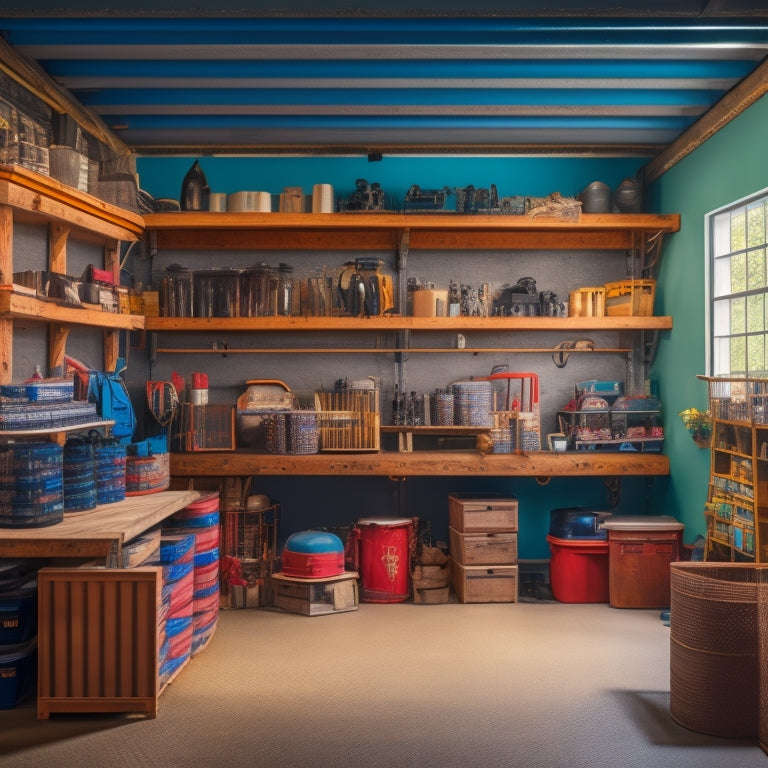 A cluttered garage with mismatched, bulky store-bought shelving units in the background, contrasted with a sleek, custom DIY shelving system in the foreground, built with reclaimed wood and metal pipes.
