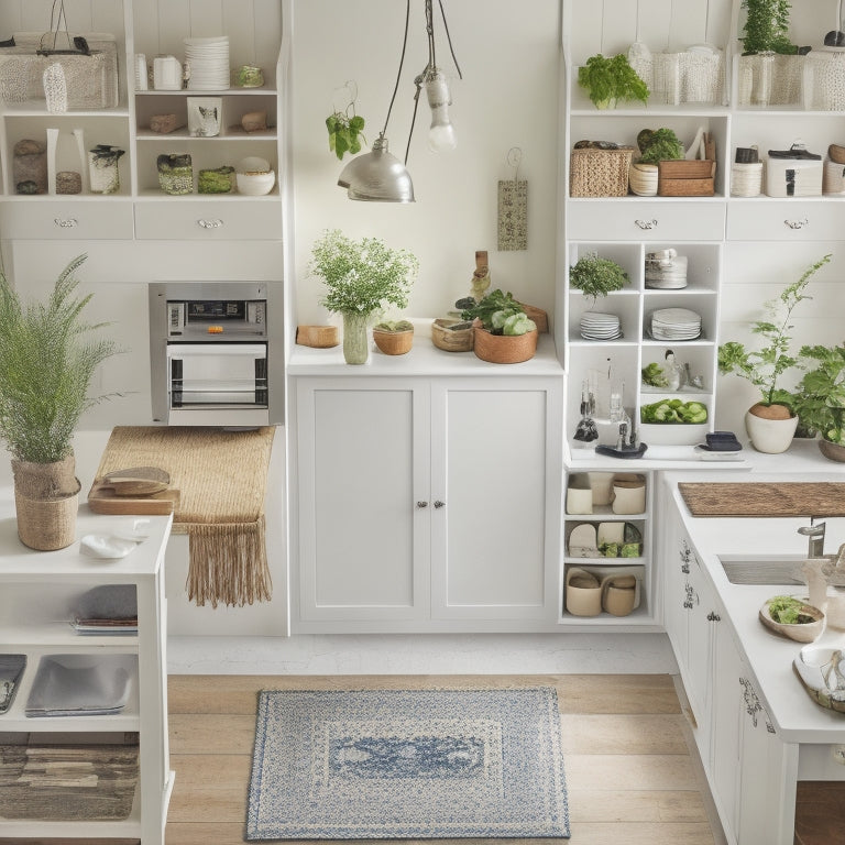 An overhead shot of a kitchen with ample vertical space, featuring a narrow floor-to-ceiling cabinet with stacked cookbooks, a utensil organizer, and a few potted herbs, against a creamy white background.