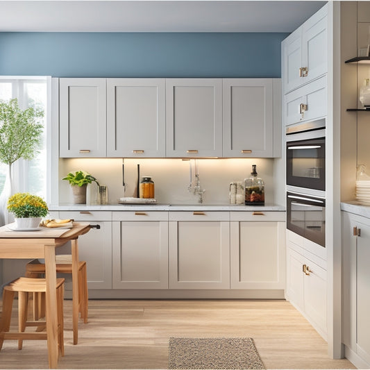 A serene, modern kitchen with sleek, handle-free cabinets, featuring a pull-out pantry, a wall-mounted utensil organizer, and a hidden appliance garage with sliding doors, all in a calming white and gray color scheme.