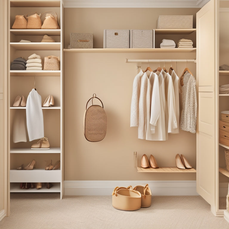 A serene, minimalist closet interior with a calming beige background, featuring a few elegant outfits on wooden hangers, stacked shoe boxes, and a few decorative baskets on a shelves.