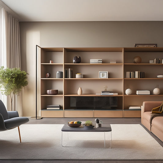 A modern, sleek living room with a minimalist aesthetic, featuring a wall-mounted shelving unit with hidden drawers, a storage ottoman, and a compact, multi-tiered bookshelf.